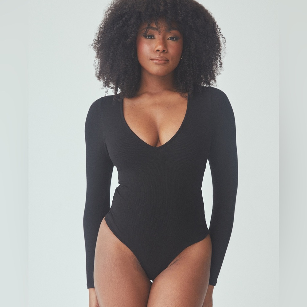 Klassy Network, Deep V Long Sleeve Bramisuit, Black, Large